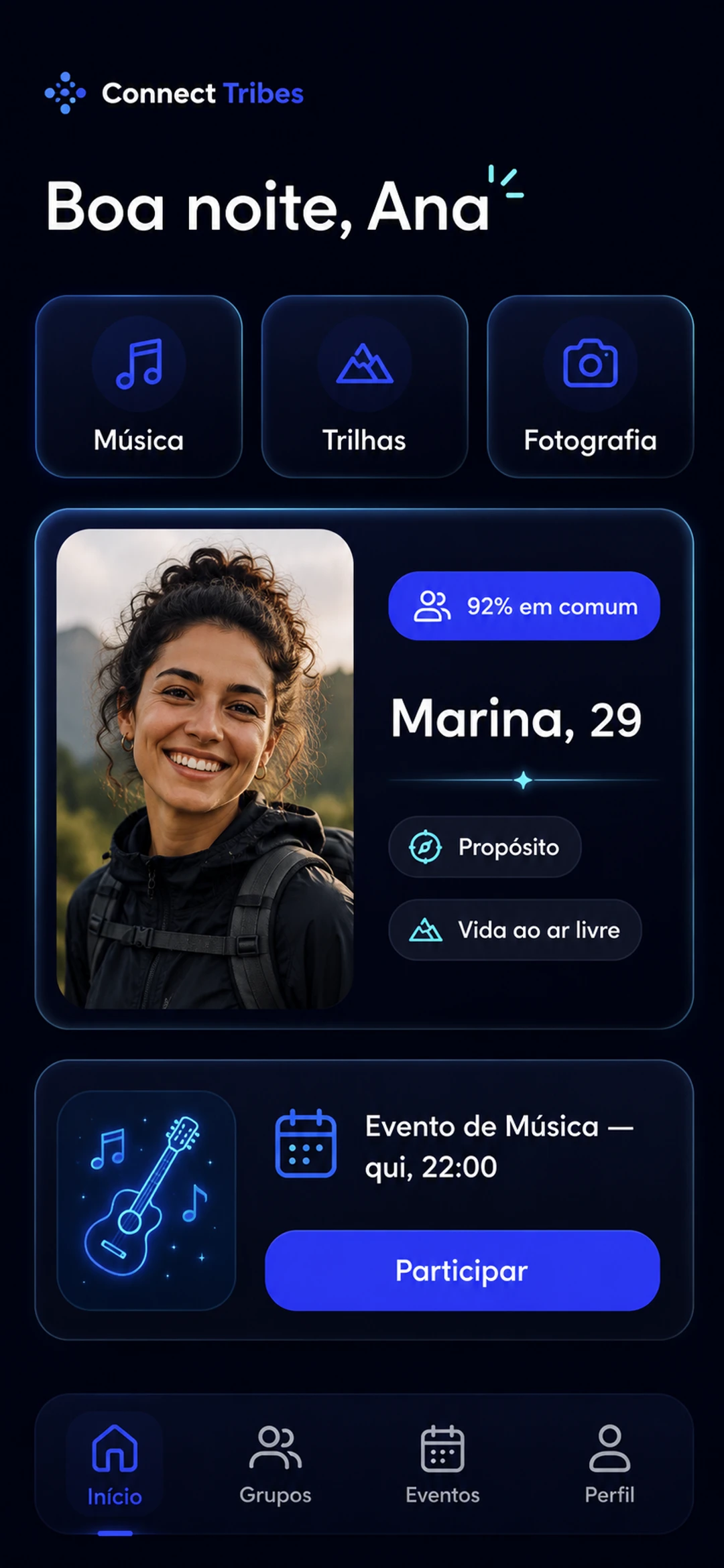 Tela do app Connect Tribes